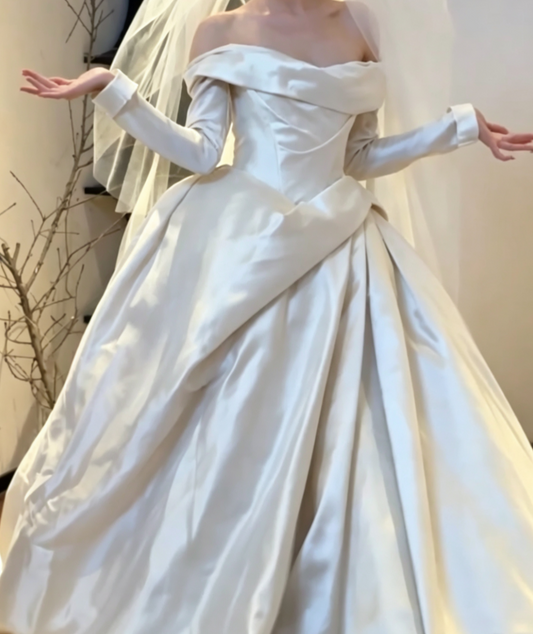 Unique Off-Shoulder Wedding Dress Long Sleeve Satin A-Line Bridal Dress GG6673