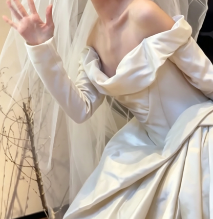 Unique Off-Shoulder Wedding Dress Long Sleeve Satin A-Line Bridal Dress GG6673