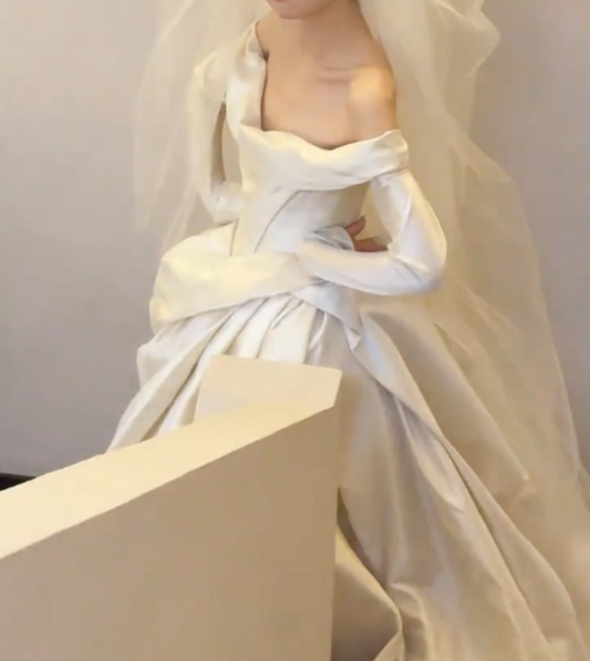 Unique Off-Shoulder Wedding Dress Long Sleeve Satin A-Line Bridal Dress GG6673