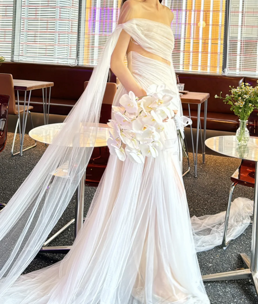 Romantic Off-Shoulder Wedding Dress Pleated Tulle Mermiad Bridal Dress GG6674