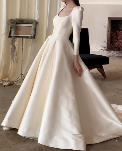 Glam Square Neck Wedding Dress Long Sleeve Satin A-Line Bridal Dress GG6676