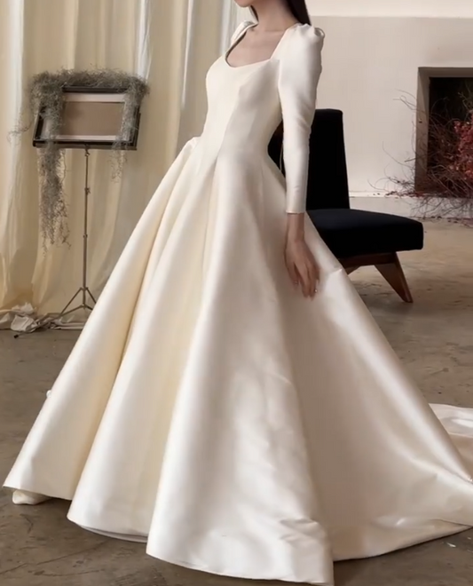 Glam Square Neck Wedding Dress Long Sleeve Satin A-Line Bridal Dress GG6676