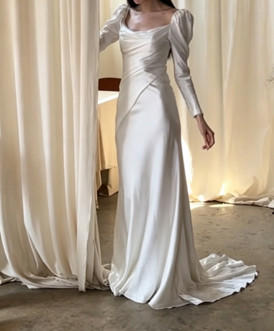 Gorgeous Square Neck Wedding Dress Long Sleeve Satin A-Line Bridal Dress GG6677