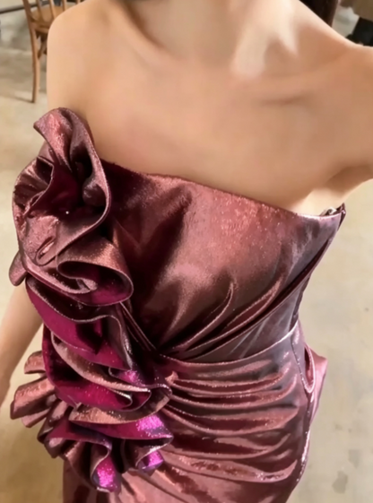 Charming Strapless Purple Mermaid Prom Dress Ruffles Floral Evening Dress GG6678