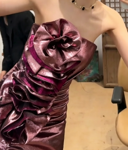 Charming Strapless Purple Mermaid Prom Dress Ruffles Floral Evening Dress GG6678