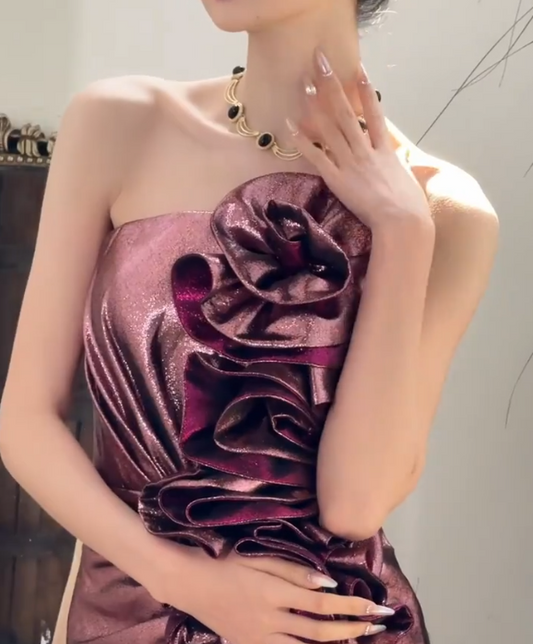 Charming Strapless Purple Mermaid Prom Dress Ruffles Floral Evening Dress GG6678