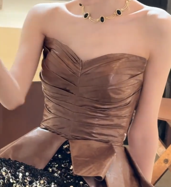 Vintage Strapless Brown Mermaid Prom Dress Pleated Leather Sequins Evening Dress GG6679