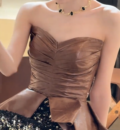 Vintage Strapless Brown Mermaid Prom Dress Pleated Leather Sequins Evening Dress GG6679