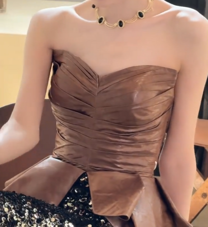 Vintage Strapless Brown Mermaid Prom Dress Pleated Leather Sequins Evening Dress GG6679