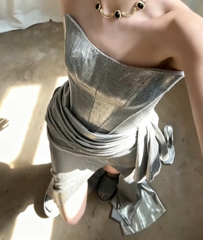 Glittering Strapless Silver Prom Dress Draped High Slit Mermaid Evening Dress GG6680