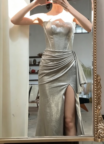 Glittering Strapless Silver Prom Dress Draped High Slit Mermaid Evening Dress GG6680