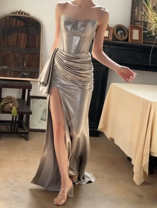 Glittering Strapless Silver Prom Dress Draped High Slit Mermaid Evening Dress GG6680