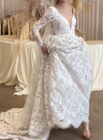 Unique V Neck Lace Wedding Dress Long Sleeve A-Line Bridal Dress GG6681