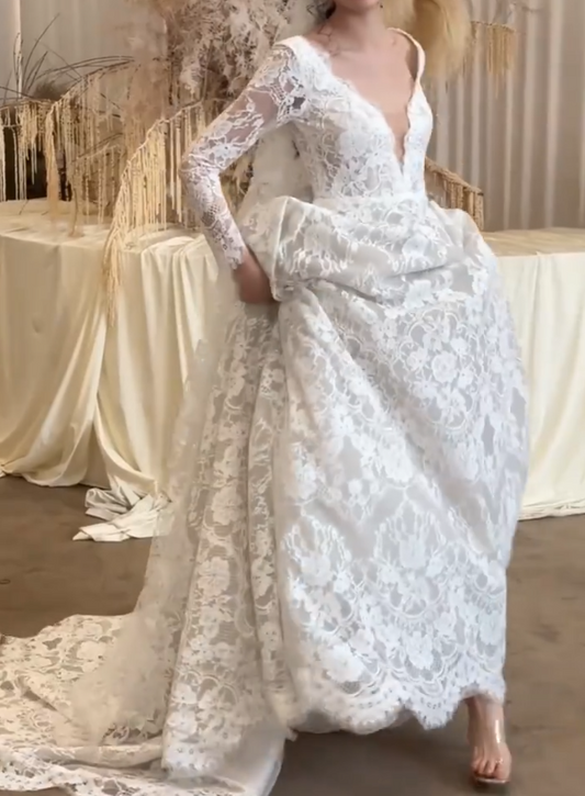 Unique V Neck Lace Wedding Dress Long Sleeve A-Line Bridal Dress GG6681