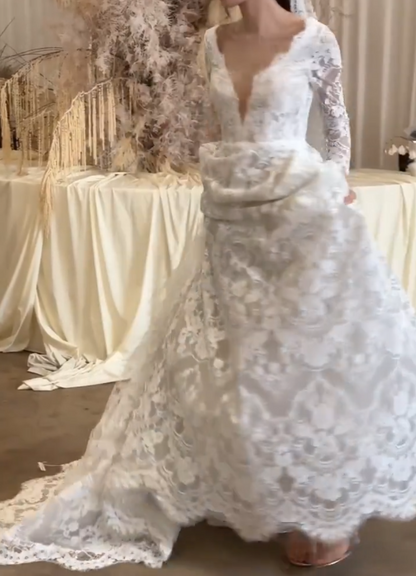 Unique V Neck Lace Wedding Dress Long Sleeve A-Line Bridal Dress GG6681