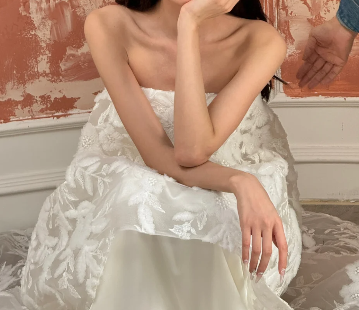 Charming Strapless Satin Wedding Dress Applique Mesh Mermiad Bridal Dress GG6682