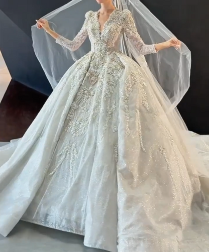 Exquisite V Neck Wedding Dress Long Sleeve Beaded A-Line Bridal Dress GG6683