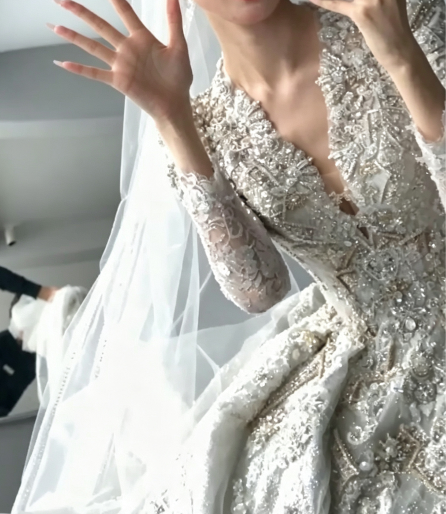 Exquisite V Neck Wedding Dress Long Sleeve Beaded A-Line Bridal Dress GG6683