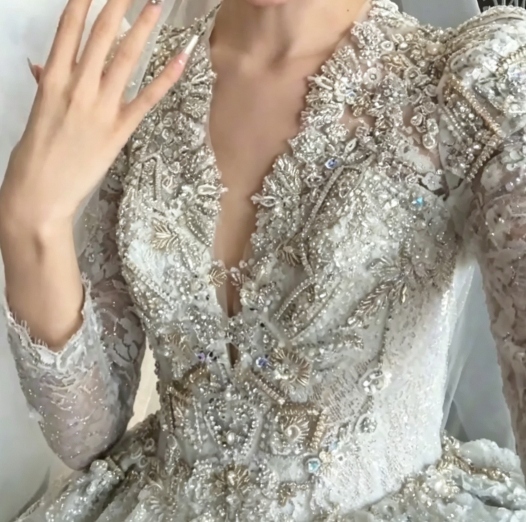 Exquisite V Neck Wedding Dress Long Sleeve Beaded A-Line Bridal Dress GG6683