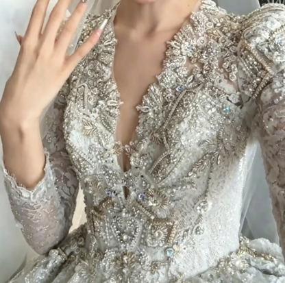 Exquisite V Neck Wedding Dress Long Sleeve Beaded A-Line Bridal Dress GG6683