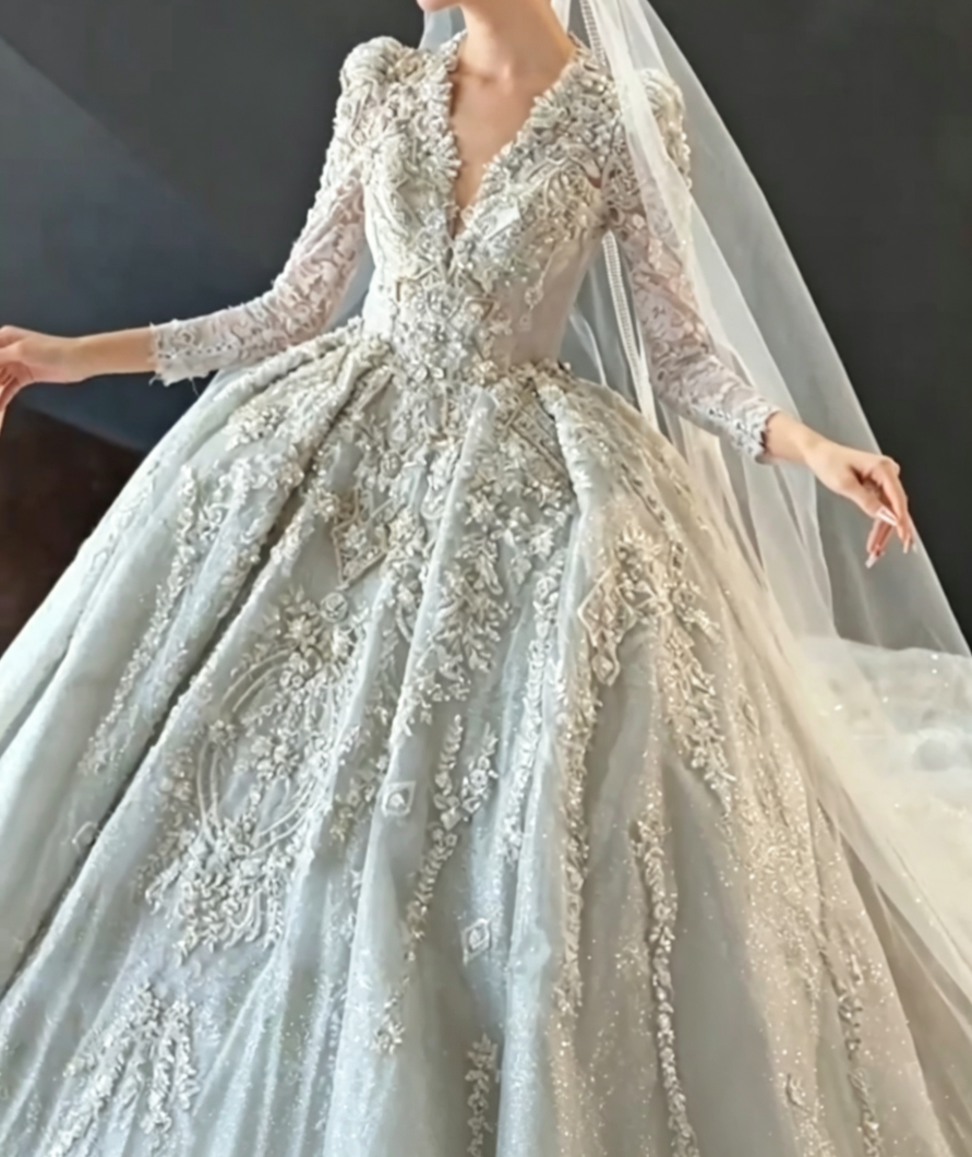 Exquisite V Neck Wedding Dress Long Sleeve Beaded A-Line Bridal Dress GG6683