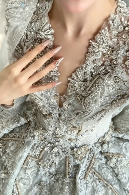 Exquisite V Neck Wedding Dress Long Sleeve Beaded A-Line Bridal Dress GG6683