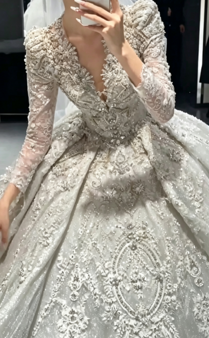 Exquisite V Neck Wedding Dress Long Sleeve Beaded A-Line Bridal Dress GG6683