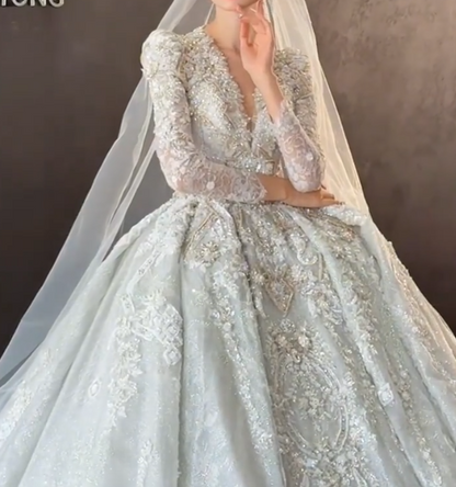 Exquisite V Neck Wedding Dress Long Sleeve Beaded A-Line Bridal Dress GG6683
