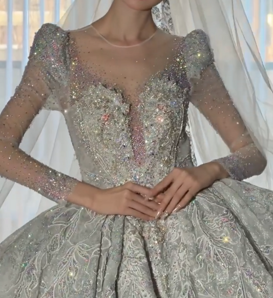 Luxurious Illusion Neck Wedding Dress Long Sleeve Beaded A-Line Bridal Dress GG6684