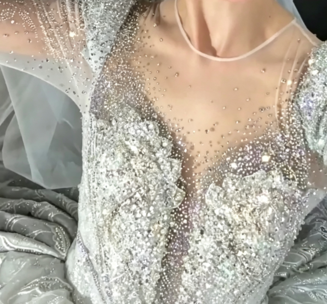 Luxurious Illusion Neck Wedding Dress Long Sleeve Beaded A-Line Bridal Dress GG6684