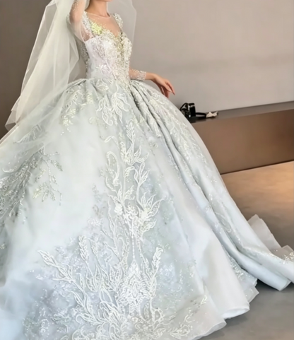 Luxurious Illusion Neck Wedding Dress Long Sleeve Beaded A-Line Bridal Dress GG6684