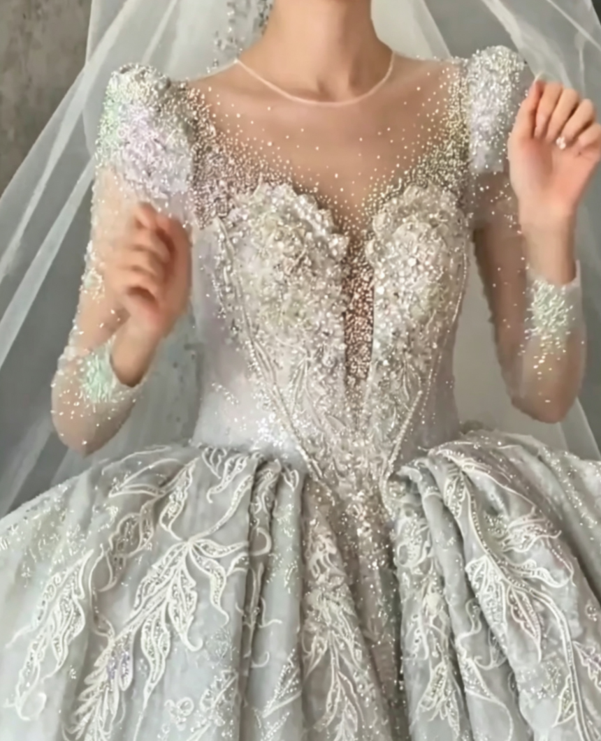 Luxurious Illusion Neck Wedding Dress Long Sleeve Beaded A-Line Bridal Dress GG6684