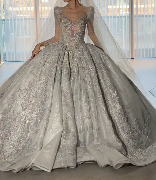Luxurious Illusion Neck Wedding Dress Long Sleeve Beaded A-Line Bridal Dress GG6684