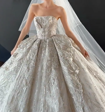 Lovely Strapless Sequins Wedding Dress Beaded A-Line Bridal Dress GG6685