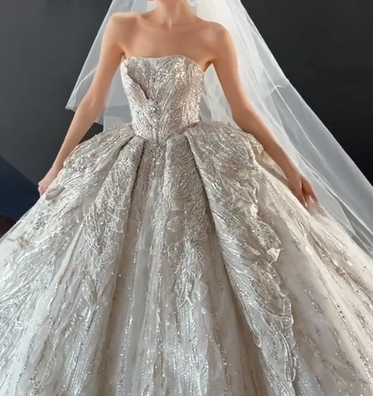 Lovely Strapless Sequins Wedding Dress Beaded A-Line Bridal Dress GG6685