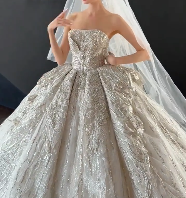 Lovely Strapless Sequins Wedding Dress Beaded A-Line Bridal Dress GG6685