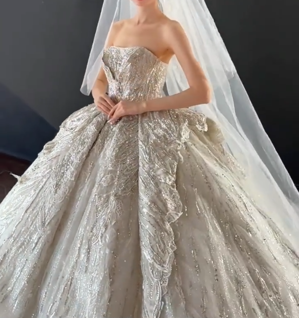 Lovely Strapless Sequins Wedding Dress Beaded A-Line Bridal Dress GG6685
