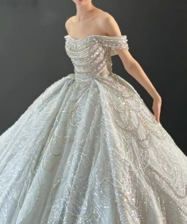 Enchanting Off-Shoulder Sequins Wedding Dress Beaded A-Line Bridal Dress GG6686