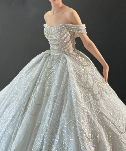 Enchanting Off-Shoulder Sequins Wedding Dress Beaded A-Line Bridal Dress GG6686