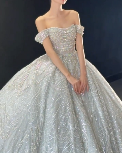 Enchanting Off-Shoulder Sequins Wedding Dress Beaded A-Line Bridal Dress GG6686