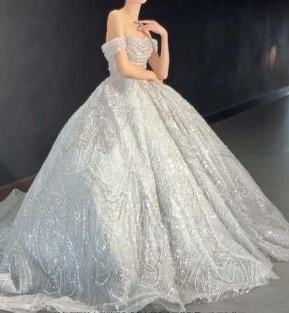 Enchanting Off-Shoulder Sequins Wedding Dress Beaded A-Line Bridal Dress GG6686