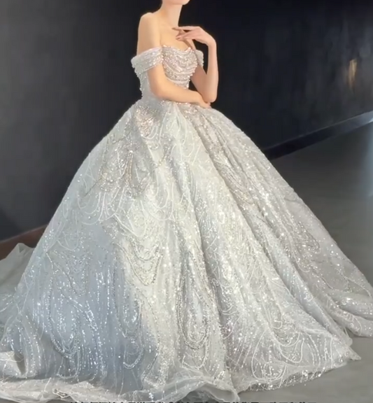 Enchanting Off-Shoulder Sequins Wedding Dress Beaded A-Line Bridal Dress GG6686