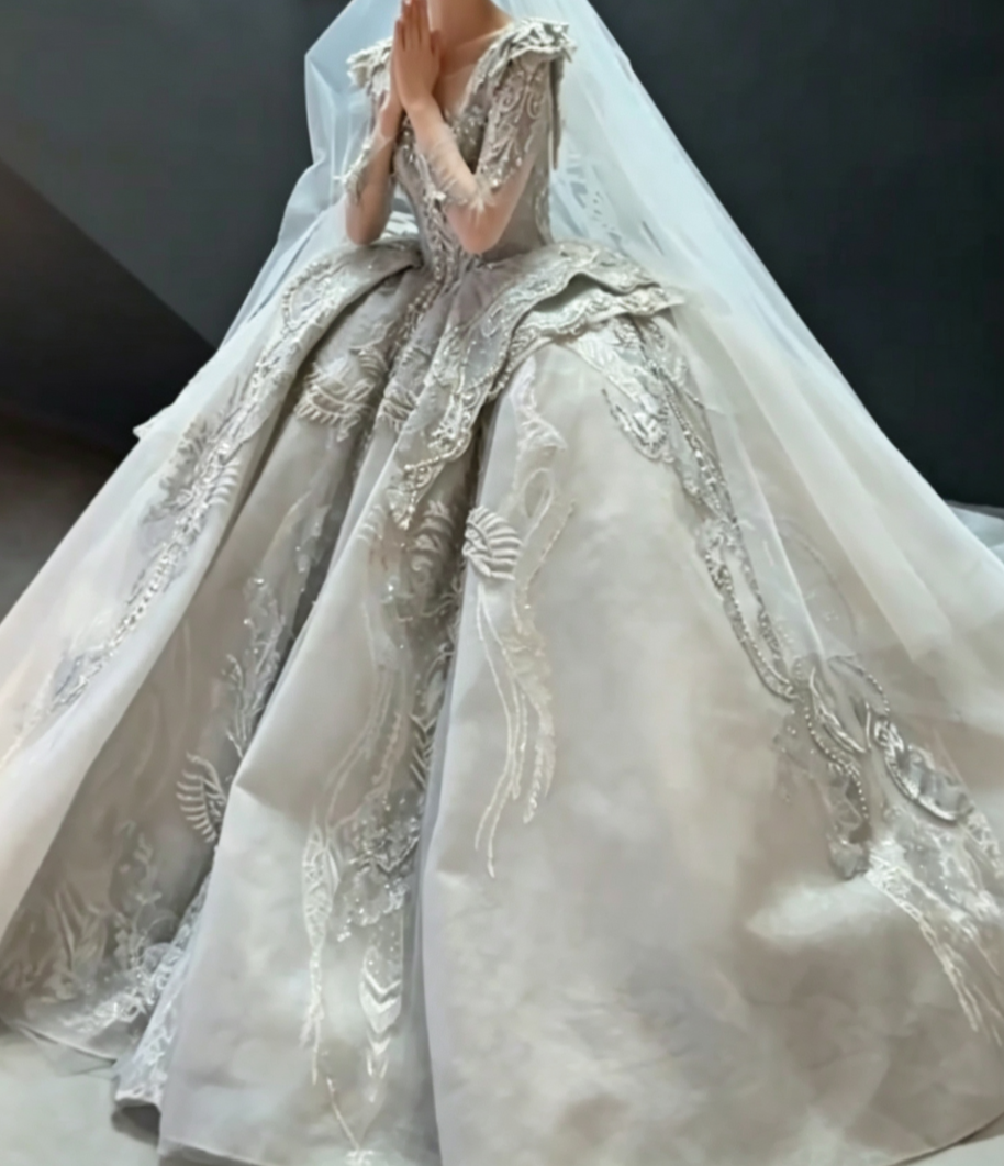 Classical Square Neck Sequins Wedding Dress Long Sleeve Appliques A-Line Bridal Dress GG6687