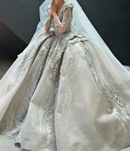 Classical Square Neck Sequins Wedding Dress Long Sleeve Appliques A-Line Bridal Dress GG6687