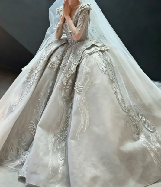 Classical Square Neck Sequins Wedding Dress Long Sleeve Appliques A-Line Bridal Dress GG6687
