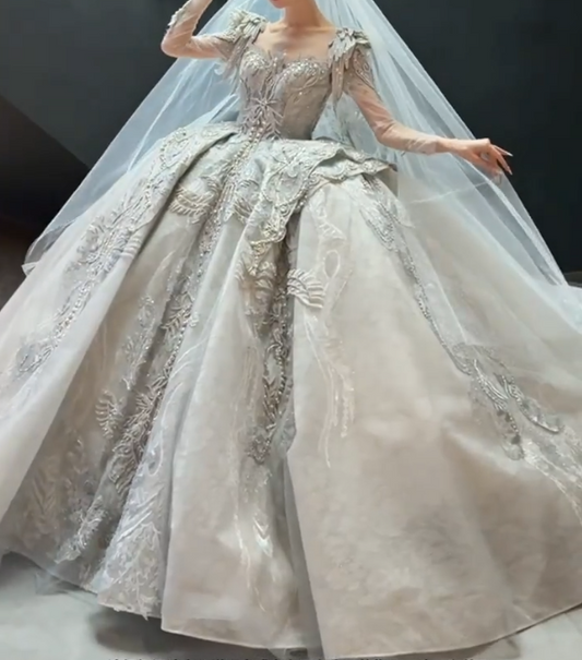 Classical Square Neck Sequins Wedding Dress Long Sleeve Appliques A-Line Bridal Dress GG6687
