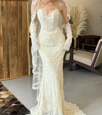 Romantic Strapless Wedding Dress Appliques Sequins Mermiad Bridal Dress GG6689