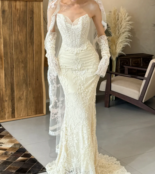 Romantic Strapless Wedding Dress Appliques Sequins Mermiad Bridal Dress GG6689
