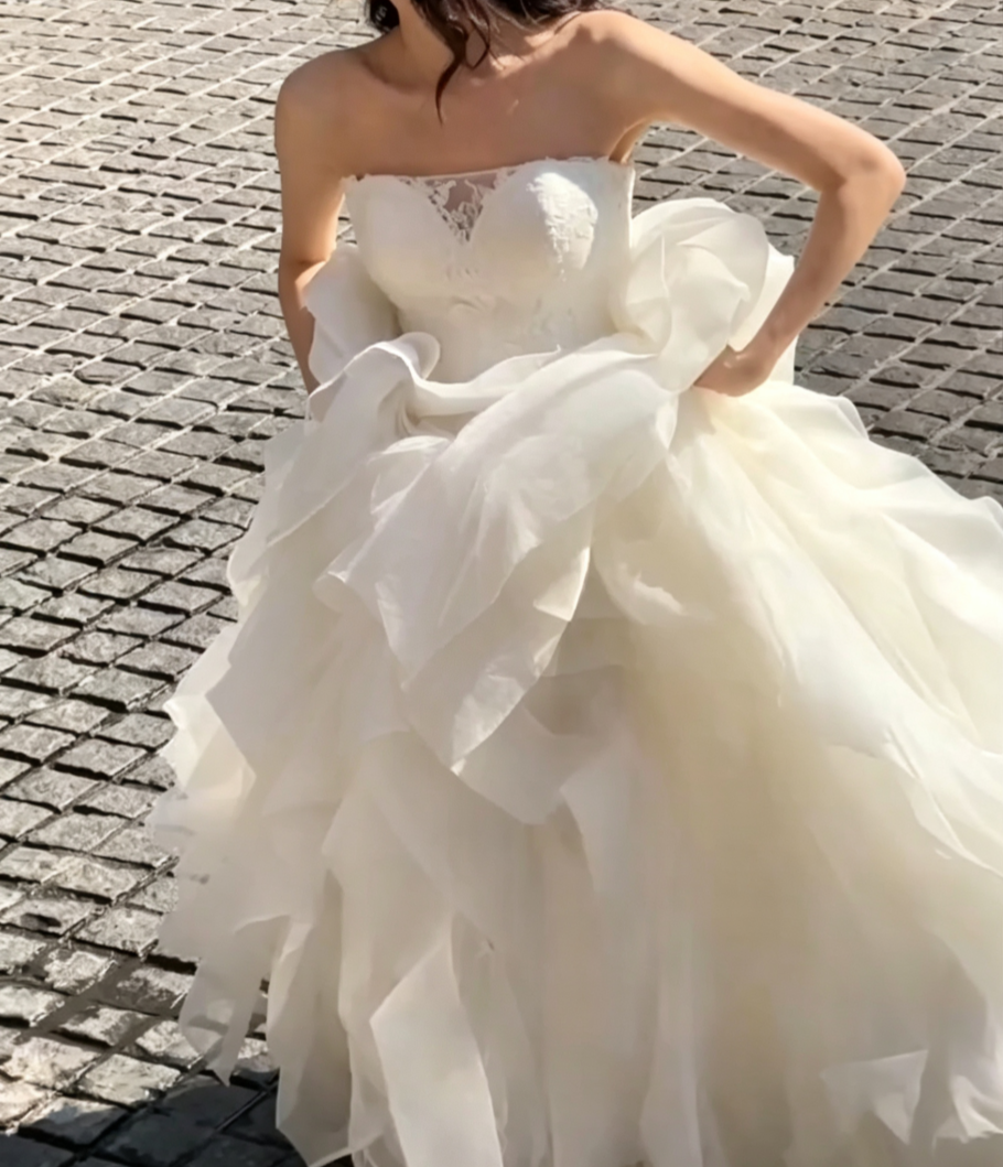 Classical Strapless Lace Wedding Dress Ruffled Tulle A-Line Bridal Dress GG6691