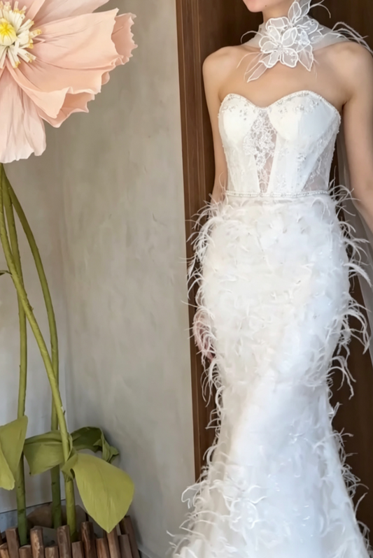 Ornate Strapless Appliques Wedding Dress Feather Beads Mermiad Bridal Dress GG6692